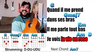 LA VIE EN ROSE  Édith Piaf Ukulele Play Along and Chords French amp English [upl. by Castra]