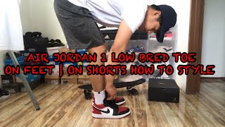 AIR JORDAN 1 LOW BRED TOE  ON FEET  ON SHORTS HOW TO STYLE [upl. by Kimber]