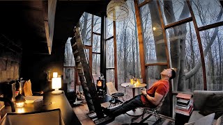 Relaxing ALONE in a Belgian Treehouse in RAIN  Solo glam camping ASMR [upl. by Joslyn]