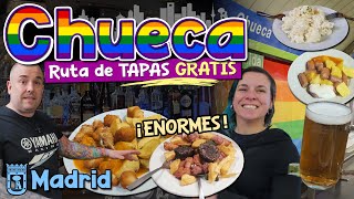 CHUECA Madrid Ruta de TAPAS GRATIS 🍺🍷🧆 ¡TAPAS ENORMES Incluidas con la consumición 🤤🍲 Alucinante [upl. by Conte892]