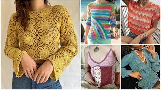 latest beautiful crochet cotton thread fancy topcrop toptunic top designs crochet crochettop [upl. by Neiht]