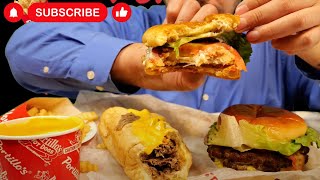 Portillos Cheesy Beef Chicken Sandwich Double Cheeseburger w Bacon Mukbang [upl. by Frager]