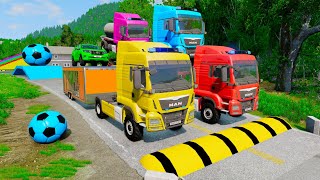 Double Flatbed Trailer Truck vs Speedbumps Train vs Cars  Tractor vs Train BeamngDrive 04 [upl. by Derril]