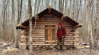 Simple Off Grid Log Cabin Build Moss Chinking Door Build Tarp Roof [upl. by Steve]