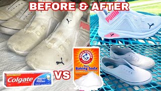 The best way to clean White Shoes Toothpaste Vs Baking Sodaamp VinegarHow to clean your white shoes [upl. by Aelahs996]