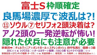 富士ステークス2024枠順確定 良馬場濃厚で波乱は？！⑪ソウルラッシュ⑦セリフォス2頭決着はある？アノ2頭の一発逆転が怖い！隠れた伏兵にも注意が必要です、 [upl. by Colburn]