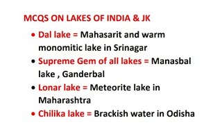 Mcqs on lakes of india for competitive exams [upl. by Akierdna]