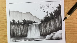 Charcoal pencil sketch scenery  Pencil shading video  Waterfall scenery sketch with pencil [upl. by Akcinahs]