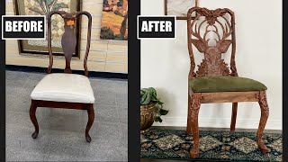 ANTHROPOLOGIE DUPE Faux Handcarved Wooden Deer Dining Chair  Extreme Furniture Transformation [upl. by Darda]