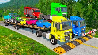 Double Flatbed Trailer Truck vs Speedbumps  Train vs Cars  Tractor vs Train  BeamNGDrive 53 [upl. by Moncear]