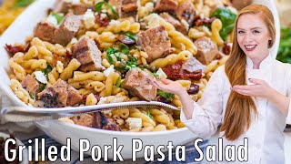 EASY Grilled Pork amp Feta Cheese Pasta Salad  With Arugula amp Homemade Garlic Dressing [upl. by Nissie]