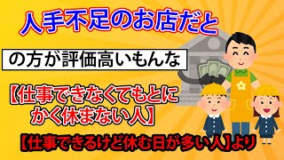 人手不足のお店だと【仕事できるけど休む日が多い人】より【仕事できなくてもとにかく休まない人】の方が評価高いもんなのかな。 [upl. by Balch]