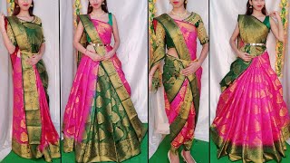 SILK BANARASI SAREE DRAPING IN 5 STYLESHALF SAREE DRAPING STYLESSTYLE YOUR SAREE WITH LEHENGA [upl. by Atinnod305]