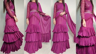 Ready made style frill saree cutting and stitching 1 min draping saree party wear dress designing [upl. by Ahsenwahs]