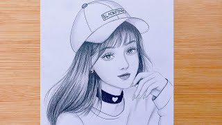 Drawing Tutorial  How to draw a girl with Blackpink cap  step by step Pencil Sketch for beginners [upl. by Aonehc315]