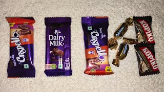 chocolate unboxing video dairy milk crispello vs dairy milk vs Candyman vs kopiko [upl. by Gillett]