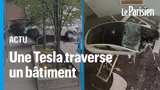 ÉtatsUnis  une Tesla se crashe à plus de 110 kmh et traverse un bâtiment [upl. by Ettelliw]