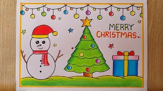 Merry Christmas drawing easy Christmas Tree drawing Merry Christmas poster drawing Christmas tree [upl. by Nabalas950]