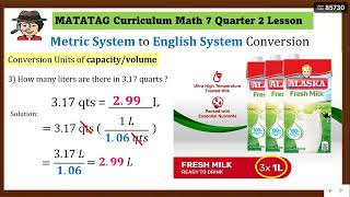 MATATAG GRADE 7 Q2 MATHEMATICS👉Conversion Units of CapacityVolume in both Metric to English System [upl. by Ridglea]