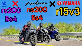 rs200 vs r15v3 vs ns200 Drag race in this video rs200 ns200 r15v3 race bajaj yamaha dragrace [upl. by Tnahs]