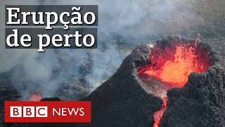 Drone captura imagens incríveis de vulcão em erupção na Islândia [upl. by Nerac]