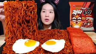 ANGRY FIRE BLACK BEAN NOODLES MUKBANG Chapaguri Spicy Jjajang Seafood Ramen  Asmr Eating Sounds [upl. by Nauqes]