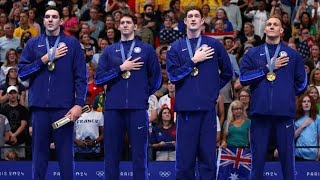 US wins first gold medal of Paris Olympics at mens 4x100 meter freestyle relay [upl. by Adnaloy]