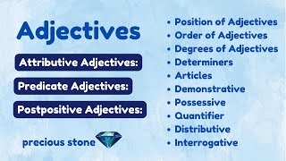 Adjectives Types of AdjectivesOrder of AdjevtivesDegrees of Adjectives Determiners with Types [upl. by Shaer]