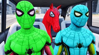 PRO RAINBOW SPIDERMAN SurPrise HORSE With Dancing In Car Chase Ride حصان سبايدرمان يرقص في السيارة [upl. by Dewhirst]