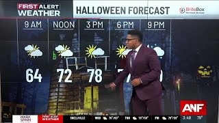 First Alert  Warm and dry for Halloween spotty shower possible Friday [upl. by Monaco]