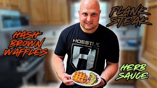 Juicy Flank Steak with Herb Sauce amp Crispy Hashbrown Waffles  Easy BBQ Recipe [upl. by Aikim]