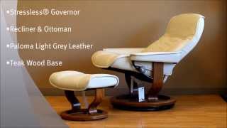 Stressless® Governor Recliner Chair and Ottoman Paloma Light Grey Leather with Teak Wood Base [upl. by Weiman223]