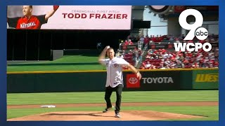 Todd Frazier throws out the ceremonial first pitch at Cincinnati Reds Opening Day [upl. by Oninotna518]