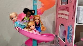 Elsa amp Anna toddlers  LOL dollhouse  spiral slide  slime play [upl. by Nurav879]