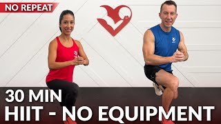 30 Min Full Body HIIT Workout No Equipment amp No Repeats for Fat Loss at Home without Weights [upl. by Atoiyanap]