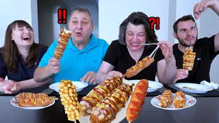 My Family Tries Popular Korean Cheese Corn Dogs for the First Time Making Korean Street Food SUB [upl. by Enomor]