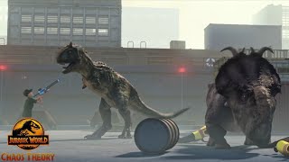 The Green Carnotaurus Escapes and Attacks People Jurassic World Chaos Theory Season 1 Clip [upl. by Bogoch]