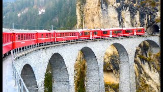 Swiss Trains Crossing the Landwasser Viaduct Filisur  Rhaetian Railway [upl. by Kinzer]