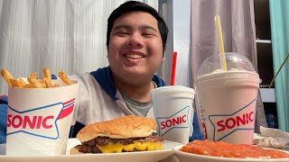 Sonics double bacon cheeseburger combo with drink blue coconut splash and caramel milkshake Mukbang [upl. by Norod]