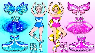 Paper Dolls Dress Up  Pink Rapunzel And Blue Elsa Ballet Contest  Barbies New Home Handmade [upl. by Omsoc]