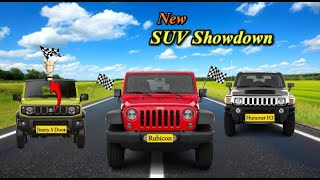 SUV Showdown 2024 New  Suzuki Jimny Sierra Vs Jeep Wrangler Rubicon 2024 Vs Hummer H3 Alpha [upl. by Ulrick344]