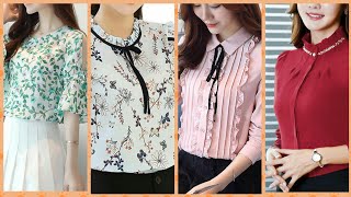 latest stylish chiffon blouses with dots check plane and printed patren collection [upl. by Kirrad]