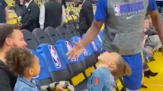 DRAYMOND GREENS TRICKS STEPH CURRYS DAUGHTER THEN GREETS HER WARRIORS NBA ESPN [upl. by Tamiko]