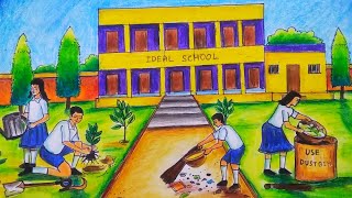 Nirmal vidyalaya Drawing picture How to draw school scene step by step Swachh bharat draw school [upl. by Aeila]