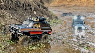 Traxxas TRX4 Ford Bronco and Defender long muddy trail [upl. by Cyprio]