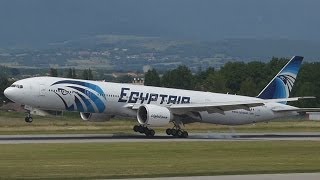 FullHD EgyptAir Boeing 777300ER landing taxi and takeoff at GenevaGVALSGG [upl. by Aillil]