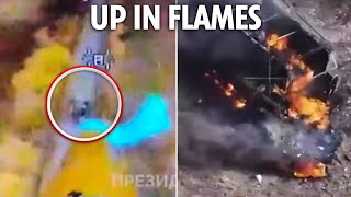 Ukraines deadly drones with detonators painted in blue and yellow take out Russian war trucks [upl. by Kcirtemed151]