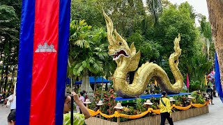 Wat Phnom Decor for Songkran in Phnom Penh City Cambodia  Happy Khmer New Year 2024 Gold Dragon [upl. by Ahsiyn715]