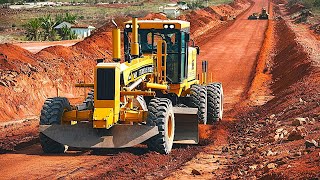 Awesome first foundation road construction site heavy machinery with a grader machine moving ground [upl. by Weiner]