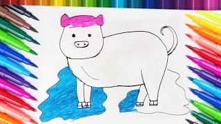 Pig Drawing and Coloring for Kids amp Toddlers  How to draw Pig  Easy Drawing of Peppa Pig  Pig [upl. by Dorine]